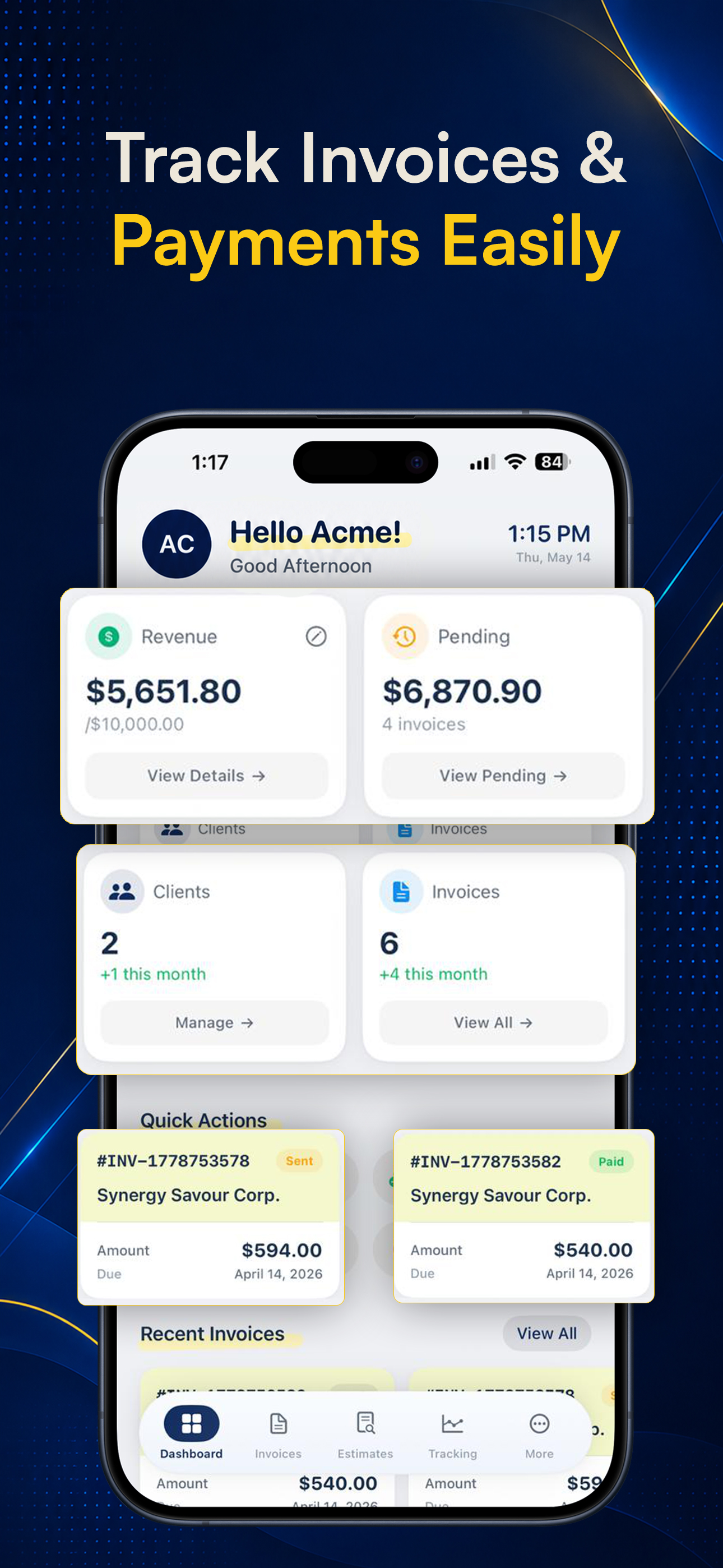 Invoicious Invoice Generator App Dashboard - track invoices and payments on iPhone