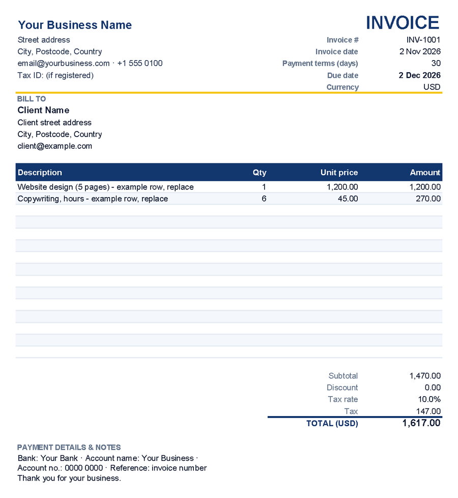 Free Excel invoice template with business details, invoice number, dates and currency at the top, a bill-to block, two example line items, and subtotal, discount, tax rate, tax and total in USD