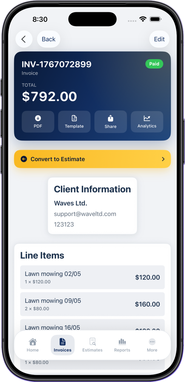 Invoicious invoice maker app on iPhone showing a paid $792 invoice for Waves Ltd.