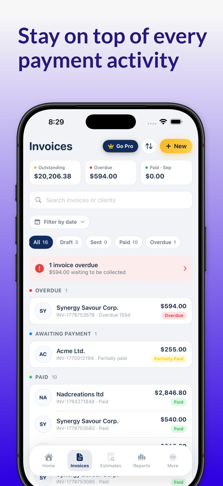 Invoice list grouped into overdue, awaiting payment and paid