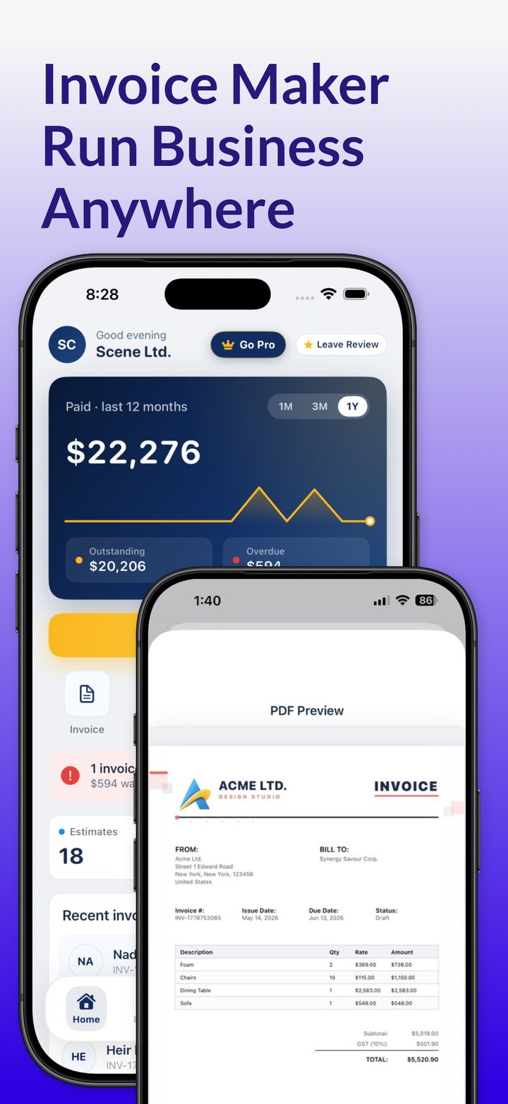 Invoicious invoice maker app on iPhone with an invoice PDF preview